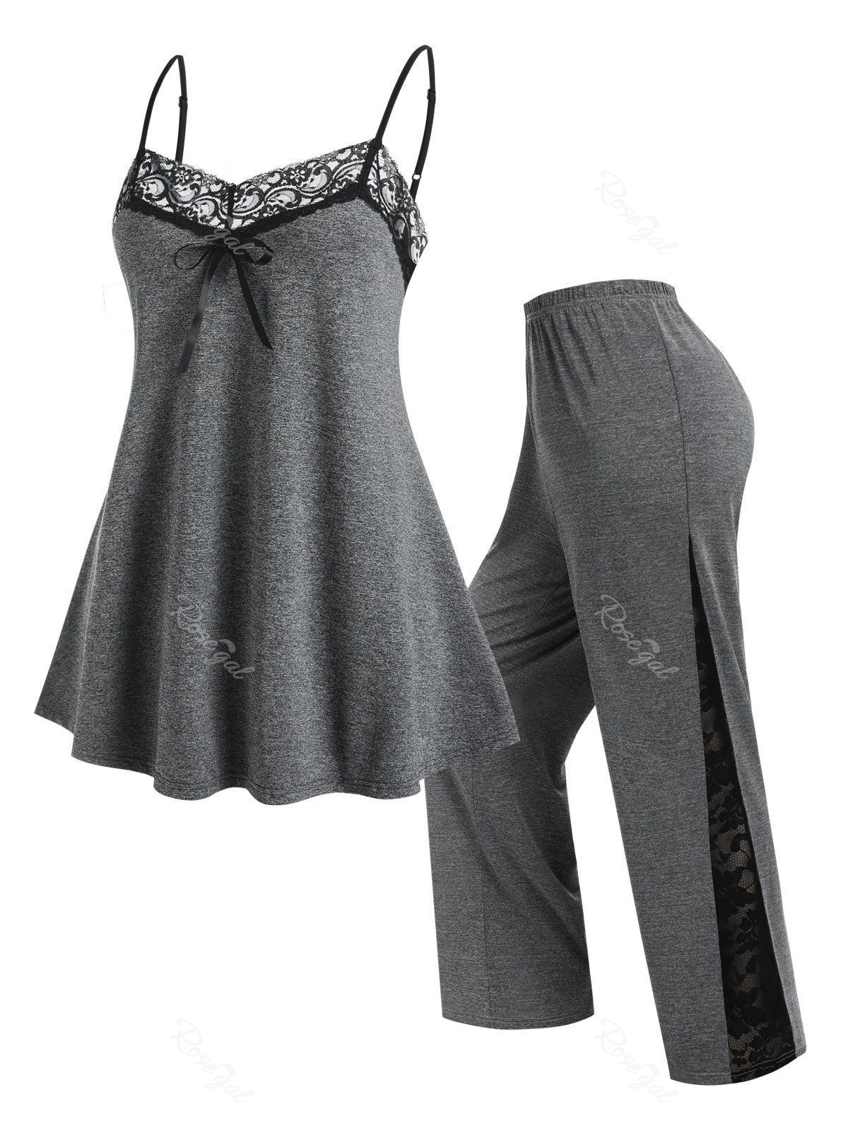 Fashion Plus Size Lace Insert Bowknot Pajama Camisole and Pants Set  