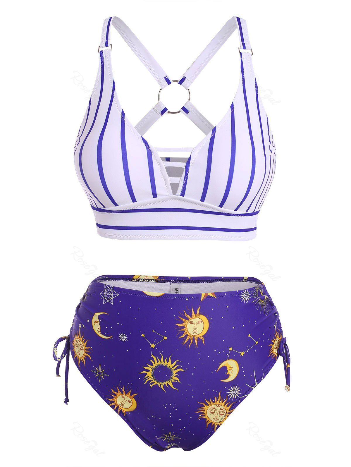 Affordable Striped Sun Moon Star Print O Ring Cinched Tankini Swimwear  