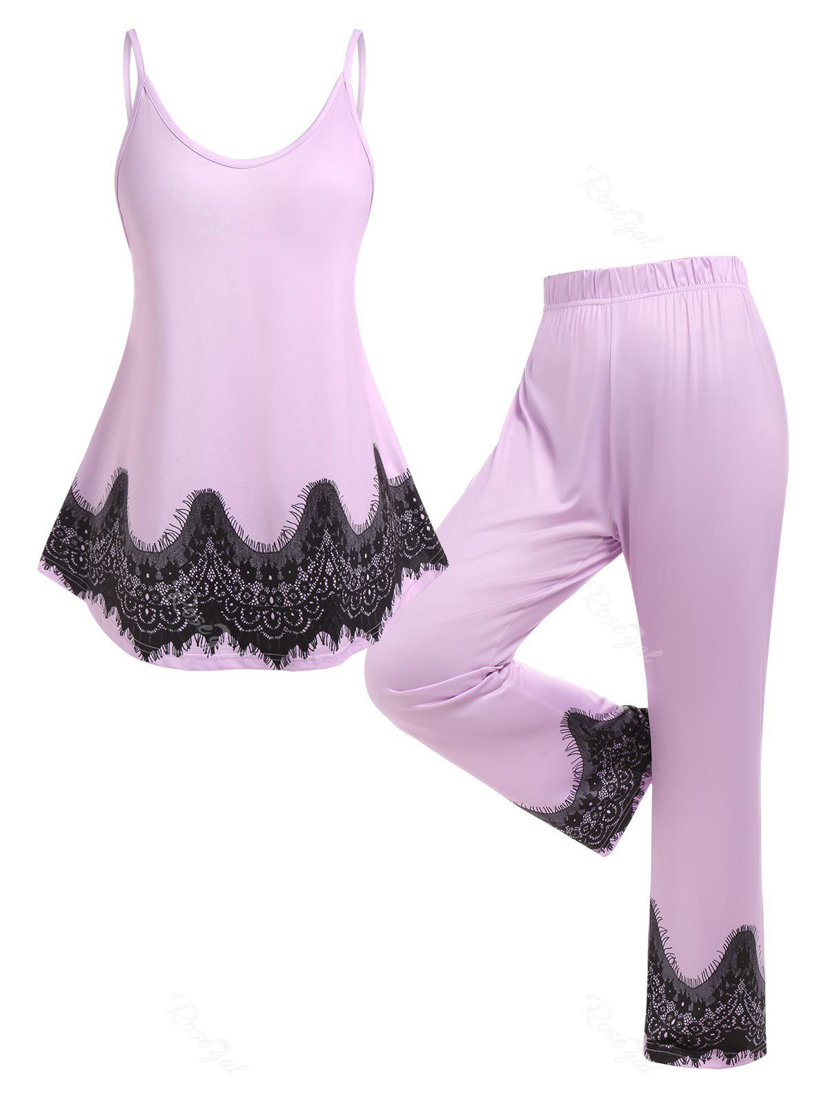Outfit Plus Size Lace Insert Tank Top and Pants Pajamas Set  