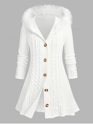 Plus Size Fuzzy Trim Hooded Cable Knit Cardigan
