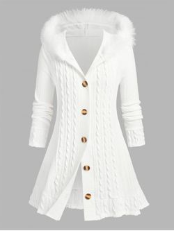 Plus Size Fuzzy Trim Hooded Cable Knit Cardigan - WHITE - 2X