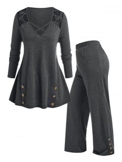 Plus Size Lace Panel Cross Buttoned Pajama Pants Set - DARK GRAY - 4X