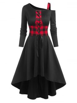 Plaid Print Lace-up High-low Dress - BLACK - XL