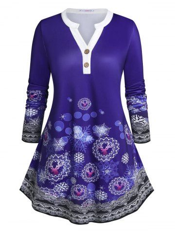 Plus Size Snowflake Elk V Notch Round Hem Tee - DEEP BLUE - 4X