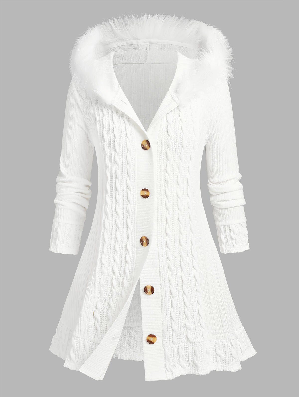 Hot Plus Size Fuzzy Trim Hooded Cable Knit Cardigan  