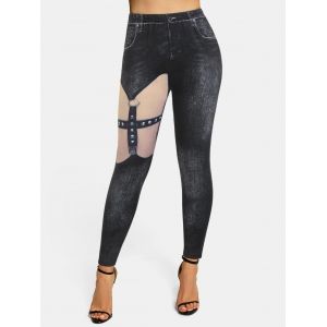 

High Waisted O-ring Strap 3D Print Skinny Jeggings, Black