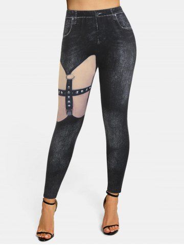 Legging Moulant à Imprimé 3D Bague en O à Taille Haute - BLACK - L