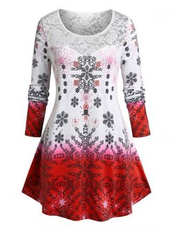 Plus Size Snowflake Christmas Lace Panel Long Sleeve Tee - RED - 1X