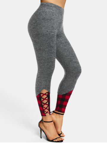 Plaid Print Criss-cross Heathered Skinny Leggings - DARK GRAY - XL