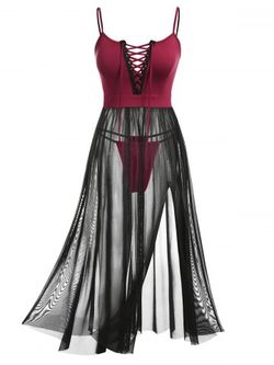 Plus Size Mesh Sheer Slit Lace Up Sexy Dress Set - BLACK - 5X