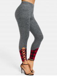 Plaid Print Criss-cross Heathered Skinny Leggings -  