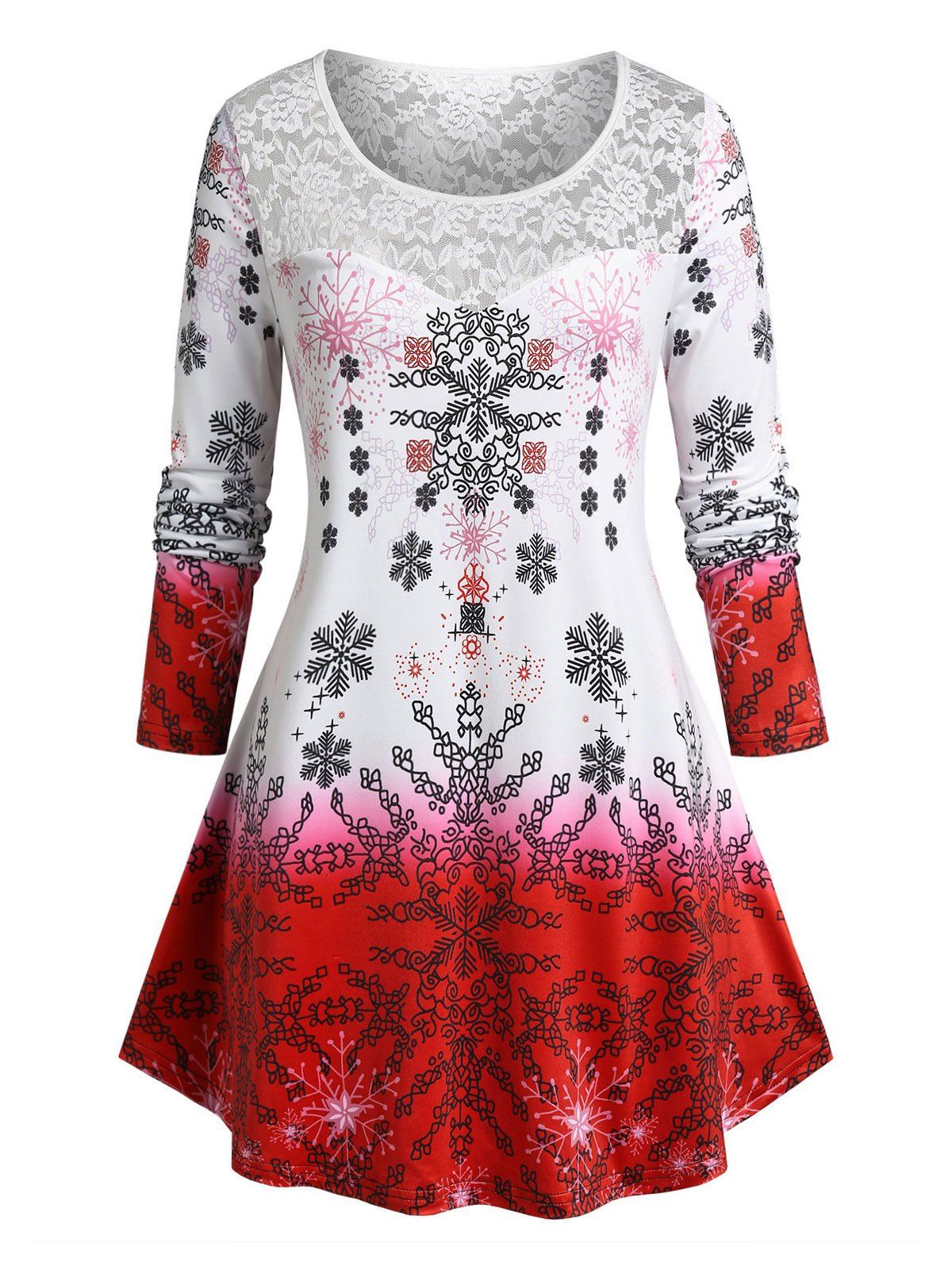 Chic Plus Size Snowflake Christmas Lace Panel Long Sleeve Tee  