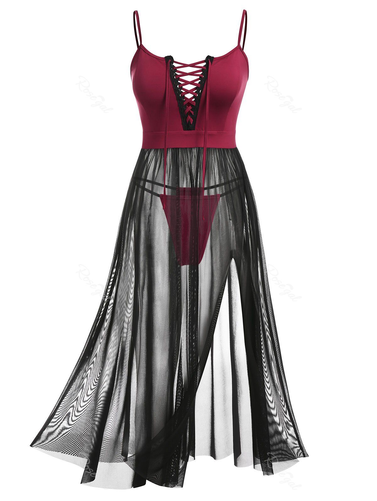 Store Plus Size Mesh Sheer Slit Lace Up Sexy Dress Set  