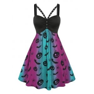 

Plus Size High Waist Pumpkin Spider Print Dress, Purple