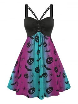 Plus Size High Waist Pumpkin Spider Print Halloween Dress - PURPLE - L