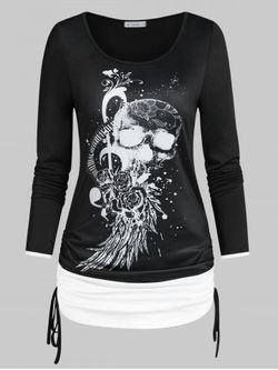 Halloween Skull Print Cinched T-shirt - BLACK - XXL