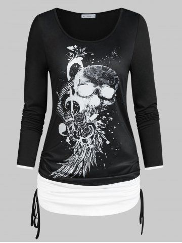 Halloween Skull Print Cinched T-shirt - BLACK - XXXL