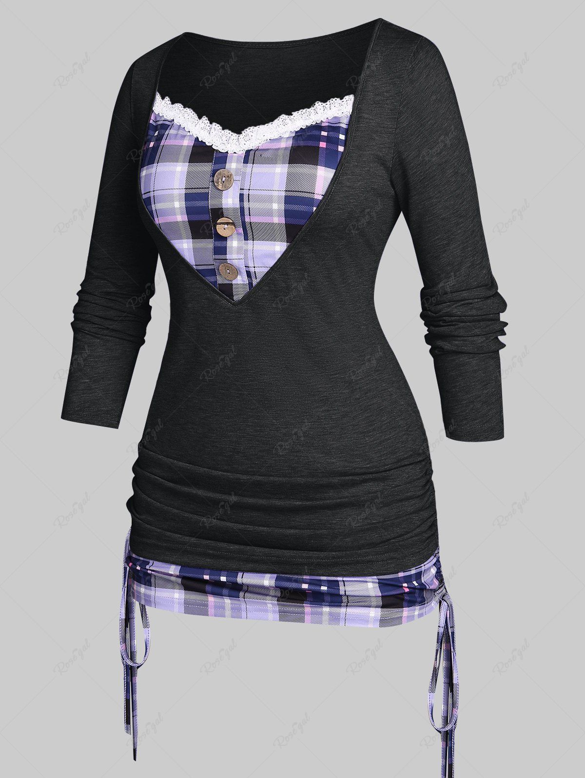 Cheap Plus Size Cinched Plaid 2 in 1 T-shirt  