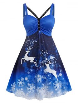 Plus Size Christmas Snowflake Elk Print Grommet Dress - BLUE - 2X