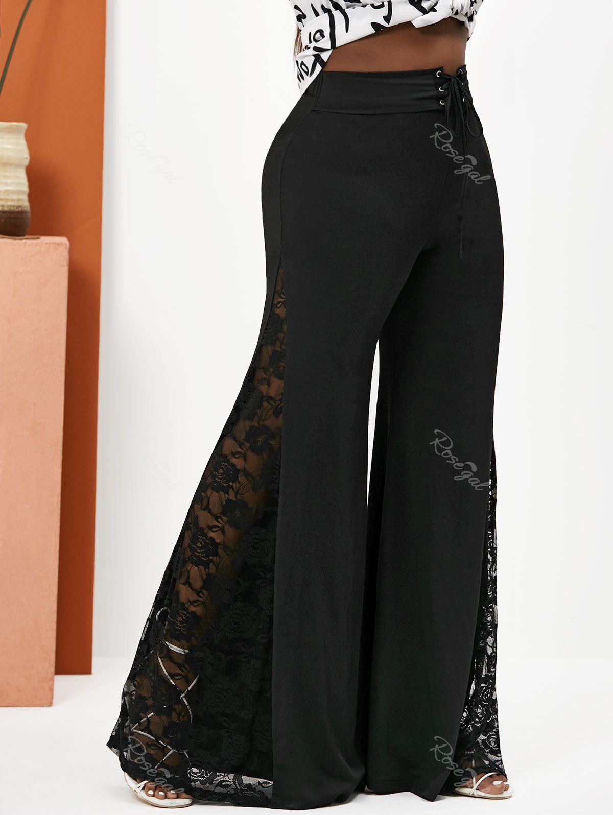 Online Plus Size Lace-up Waistband Lace Panel Wide Leg Pants  