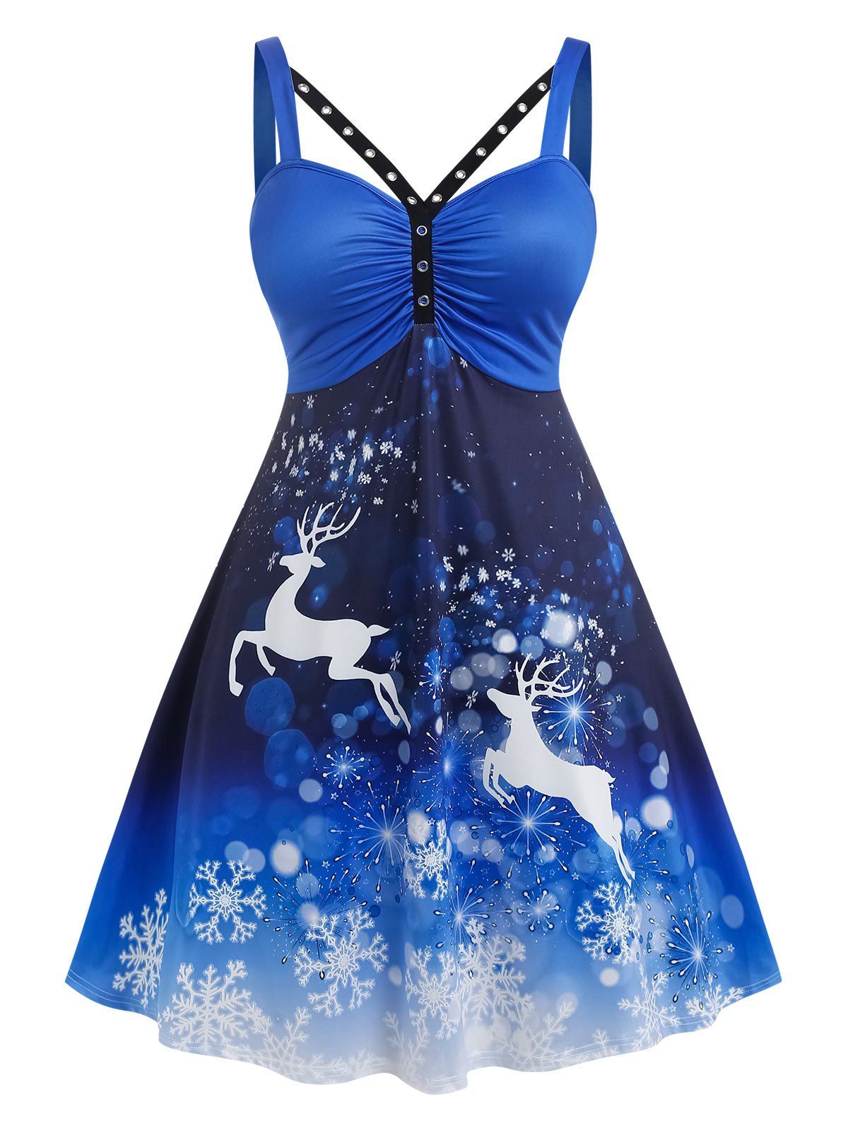 Online Plus Size Christmas Snowflake Elk Print Grommet Dress  