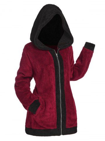 Plus Size Faux Fur Two Tone Fluffy Tunic Hooded Coat - DEEP RED - L