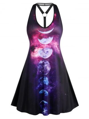 Plus Size Moon Phase Print Y-back Mini Dress