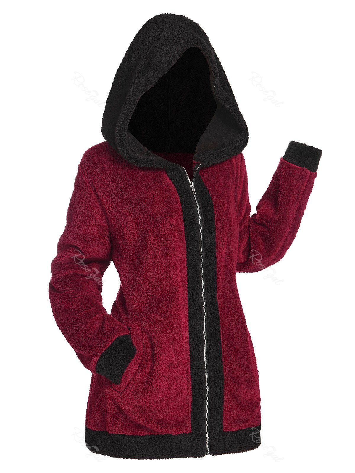 Manteau à Capuche Fourré Tunique Bicolore Grande Taille en Fausse Fourrure Rouge foncé 2X