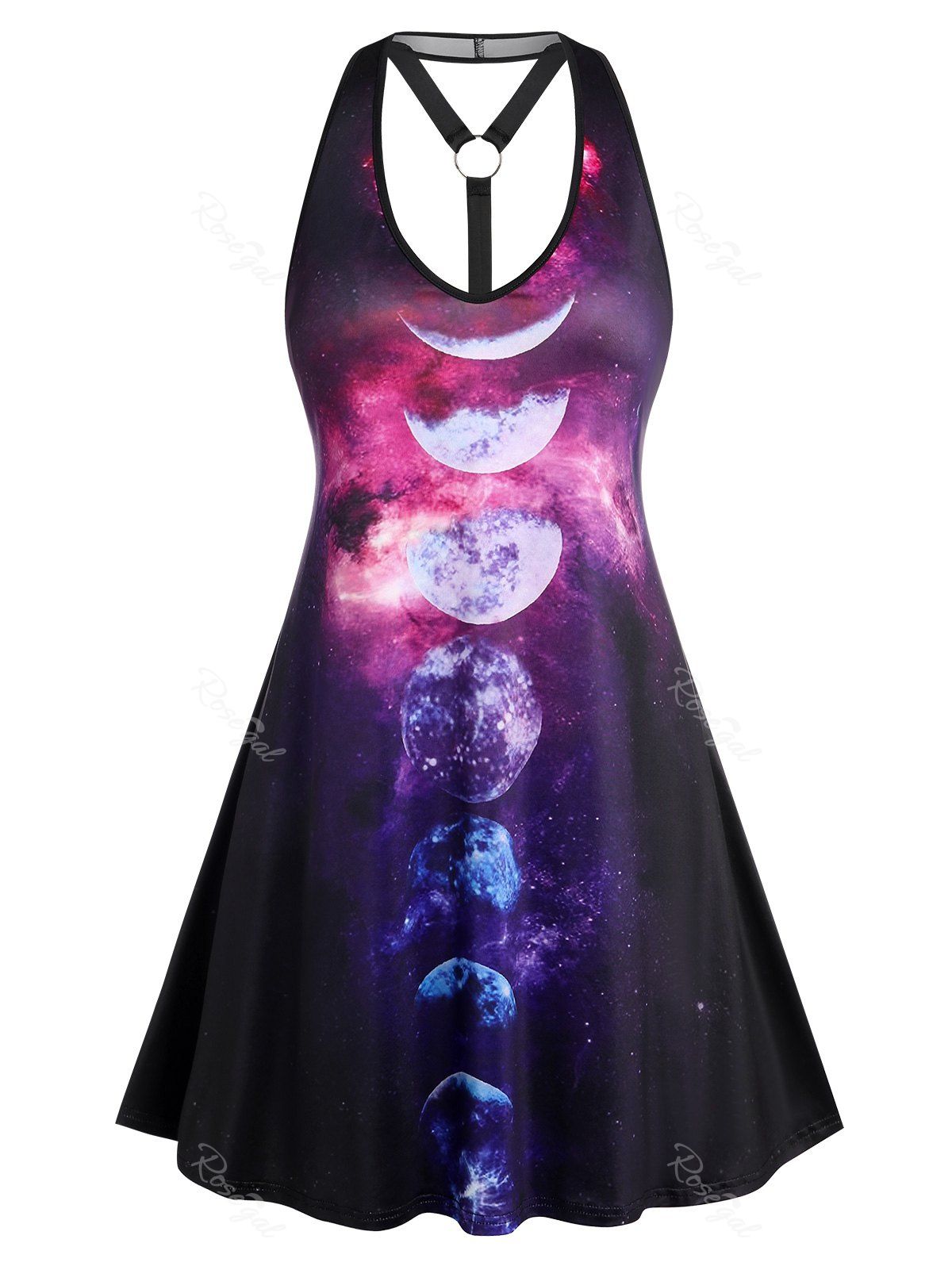 Affordable Plus Size Moon Phase Print Y-back Mini Dress  