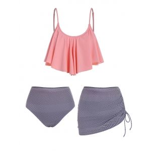 

Flounce Overlay Striped Cinched Three Piece Tankini Swimwear, Light pink