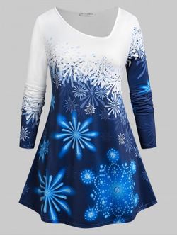 Plus Size Skew Neck Snowflake Print Christmas T-shirt - DEEP BLUE - 2X