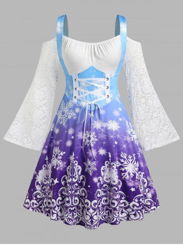 Plus Size Christmas Cold Shoulder Bell Lace Sleeve Snowflake Print Midi Dress - PURPLE - L