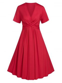 Plus Size Cross Ruched Surplice Knee Length Dress - RED - 5X