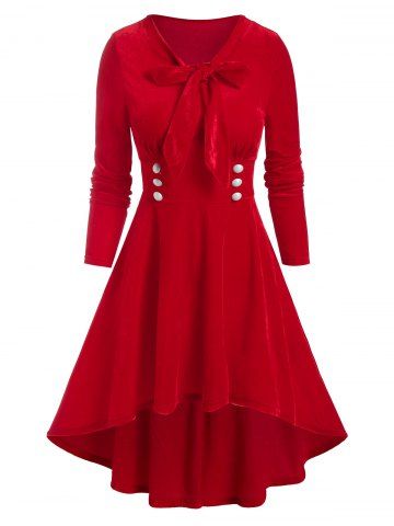Vestido de Terciopelo con Nudo de Botones de Terciopelo - RED - L