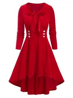 Robe Haute Basse Nouée Boutonnée à Col Montant en Velours - RED - XXXL