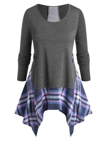 Plus Size Handkerchief Plaid Patchwork Tee - GRAY - L