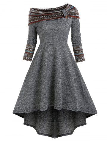 Skew Neck Tribal Print High Low Midi Dress - GRAY - M