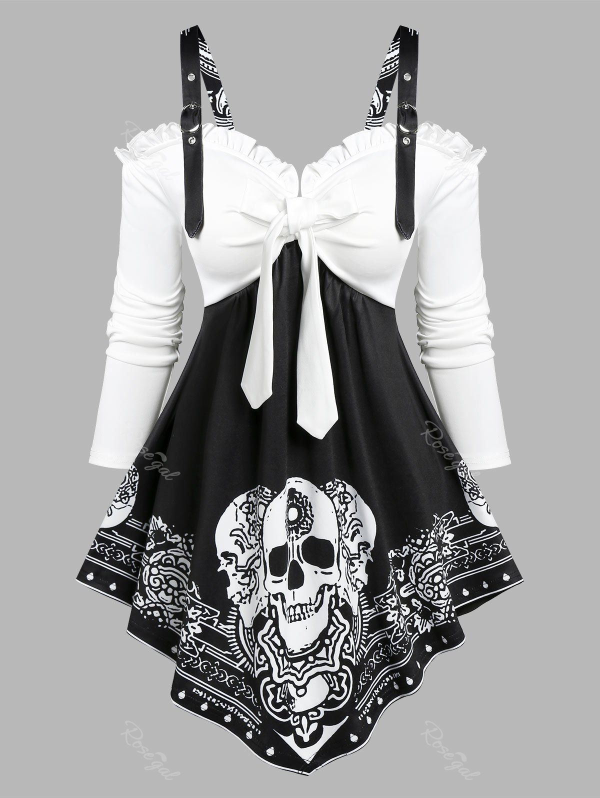 Latest Skull Print Cold Shoulder Faux Twinset T-shirt  