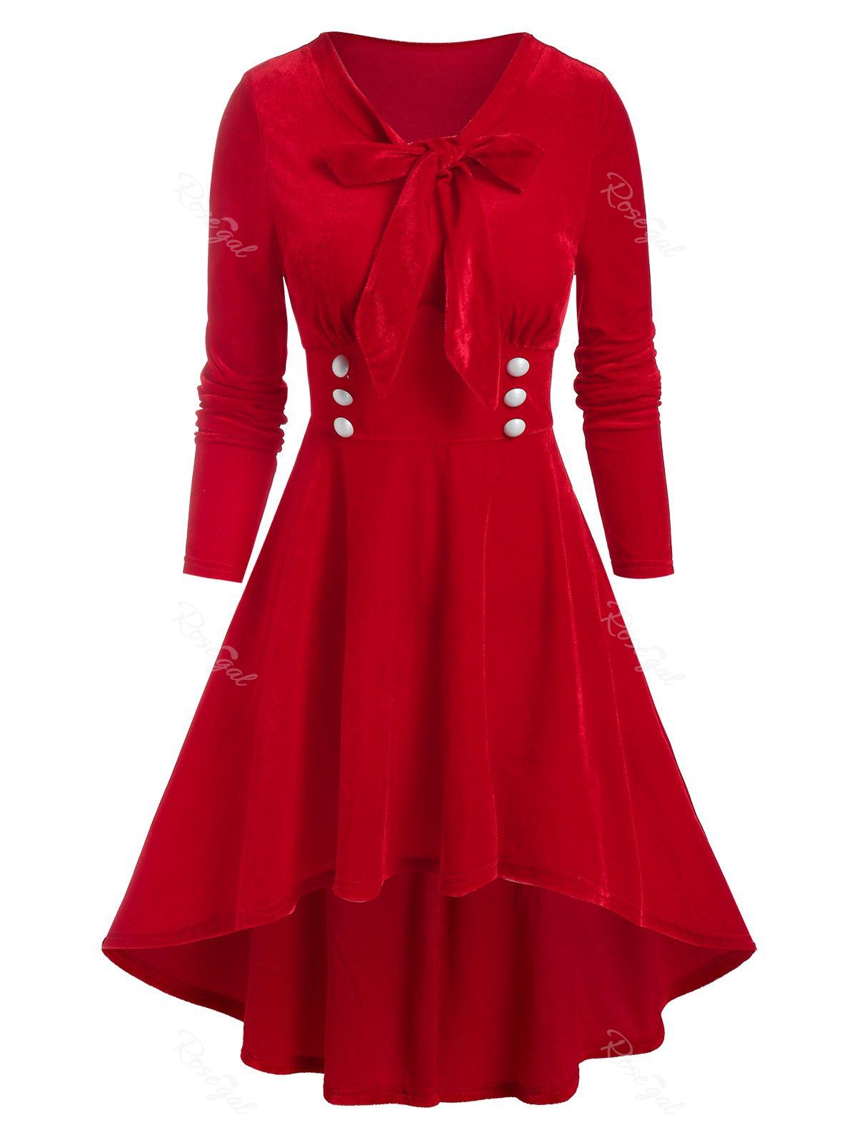 Robe Haute Basse Nouée Boutonnée à Col Montant en Velours Rouge XL