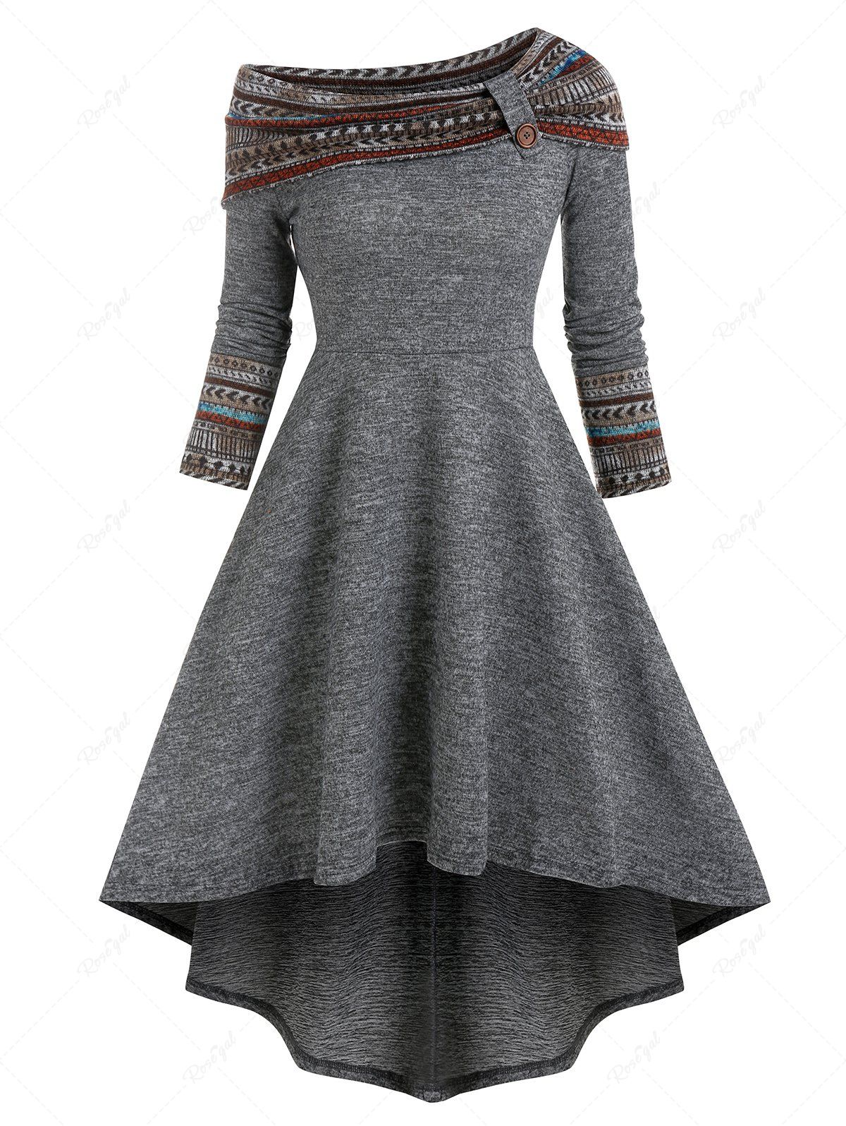 Chic Skew Neck Tribal Print High Low Midi Dress  
