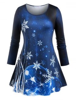 Plus Size Christmas Snowflake Print T-shirt - DEEP BLUE - 2X