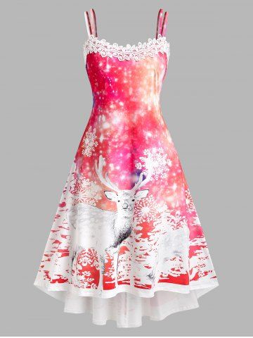 Plus Size Elk Snowflake Print High Low Christmas Midi Dress