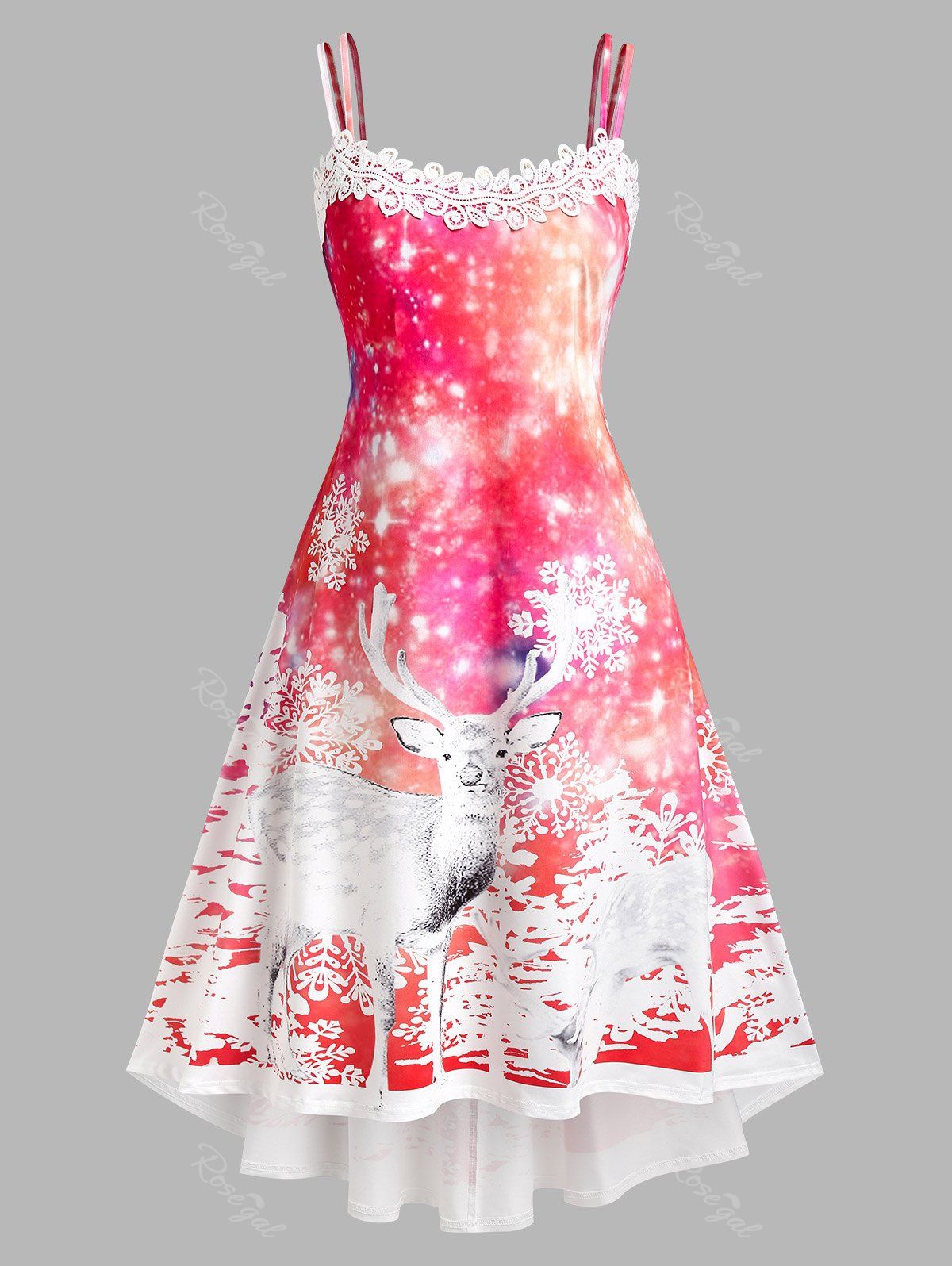 New Plus Size Elk Snowflake Print High Low Christmas Midi Dress  