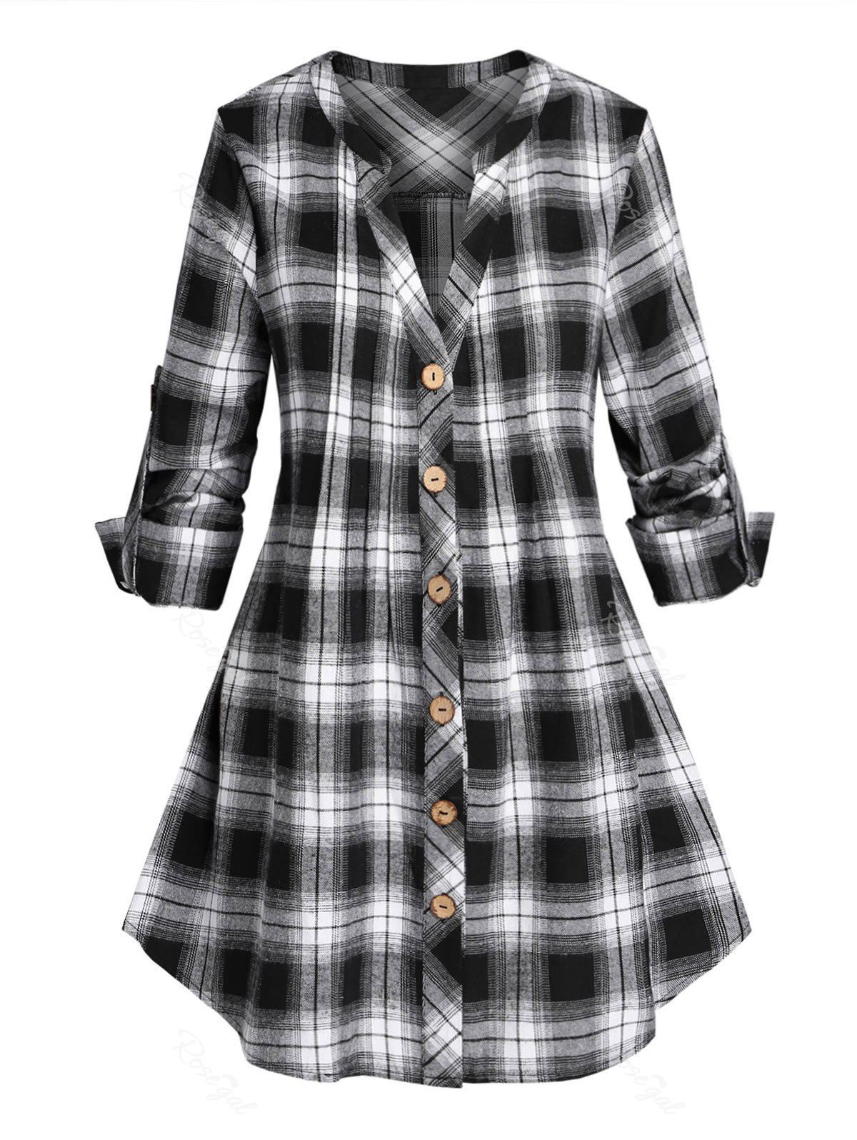 Affordable Plus Size Plaid V Notch Roll Tab Sleeve Tunic Blouse  