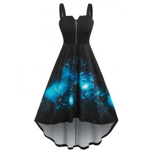 

3D Galaxy Print High Low Midi Dress, Blue