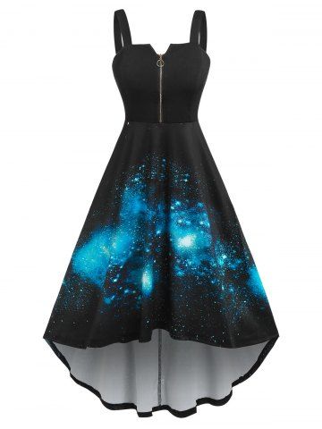 3D Galaxy Print High Low Midi Dress - BLUE - 3XL