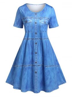 Plus Size&Curve 3D Denim Print Mini T-shirt Dress - BLUE - L
