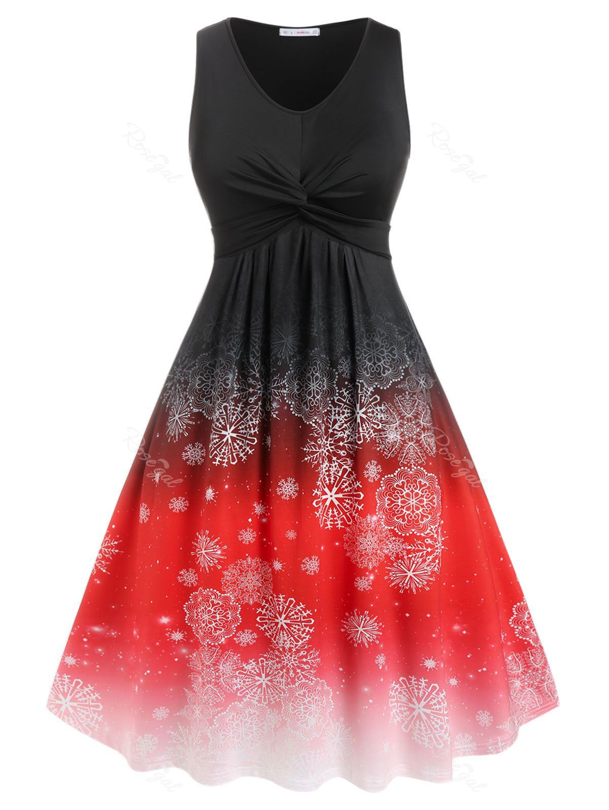 Fancy Plus Size Ombre Color Snowflake Print  Front Twist Christmas Dress  