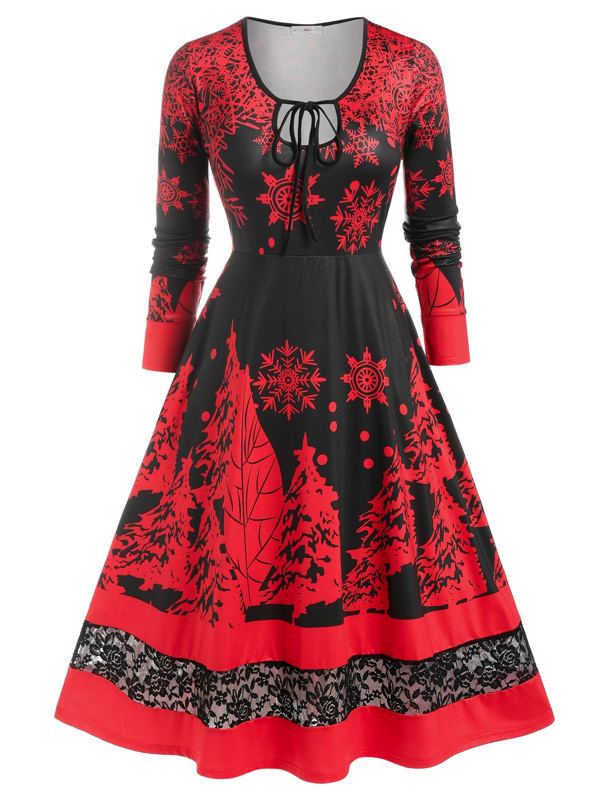 Outfit Plus Size Snowflake Tree Print Lace Panel Christmas Midi Dress  
