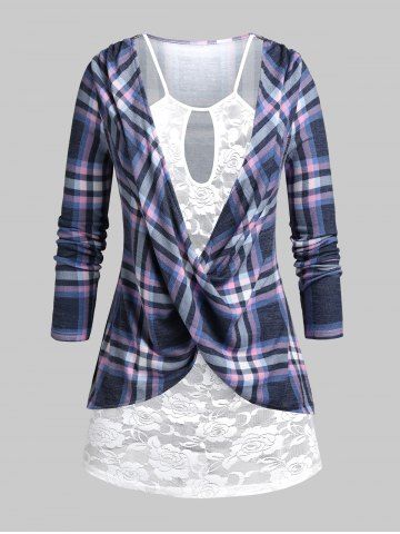 Plus Size Plaid Front Twist Keyhole 2 in 1 Top